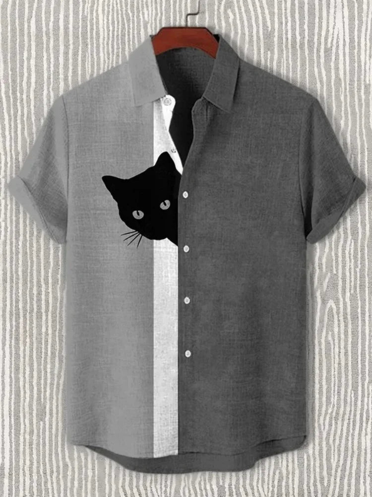 Men's Funny Shirts Harajuku Japanese Men Fun Hide And Seek Black Cat Print Casual Shirt 2025 Summer Holiday 3D Printing Blouse T