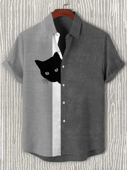 Men's Funny Shirts Harajuku Japanese Men Fun Hide And Seek Black Cat Print Casual Shirt 2025 Summer Holiday 3D Printing Blouse T