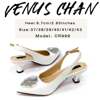 2024 Latest Wedding Pointed Toe Women's Shoes High Heel White Color Rhinestones Party Ladies Shoes And Bag Set