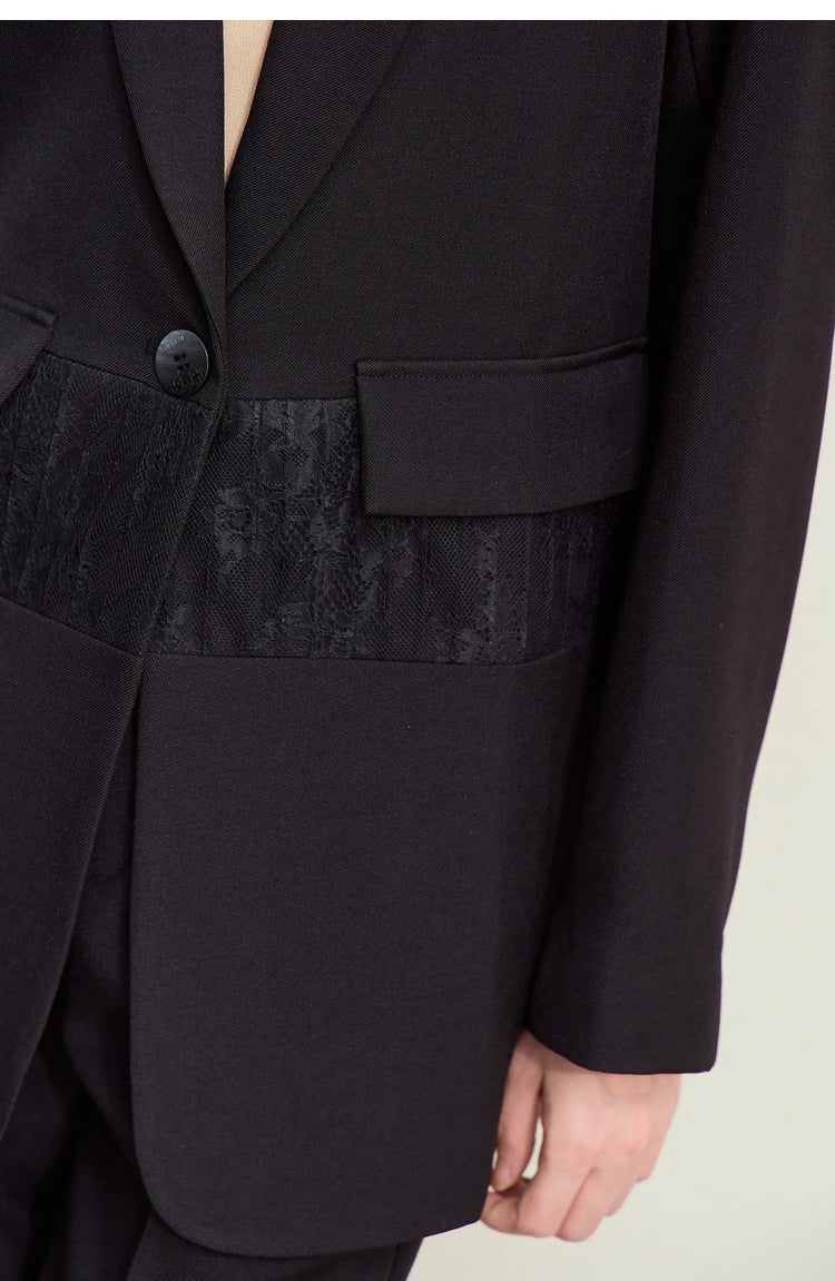 Minimalism 2025 Women's Blazer Autumn New Office Lady Lace Spliced Shoulder Professional Loose Female Notched Tops 12443009