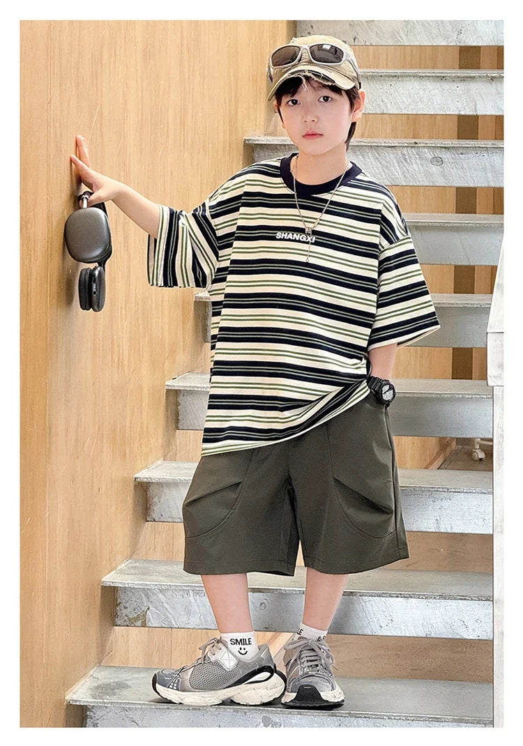 Korean Kids Striped Summer Suit for Boys Top and Bottom Set Children Cotton Short Sleeve T-shirt and Cargo Shorts Clothes Set