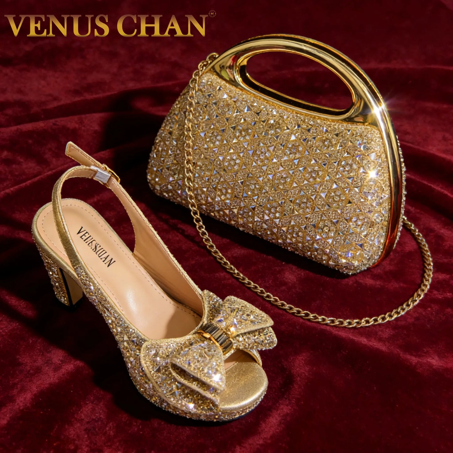 2026 Women’s Italian Gold High Heels with Rhinestone Detail & Matching Bag Set - Stylish Pointed Toe Design