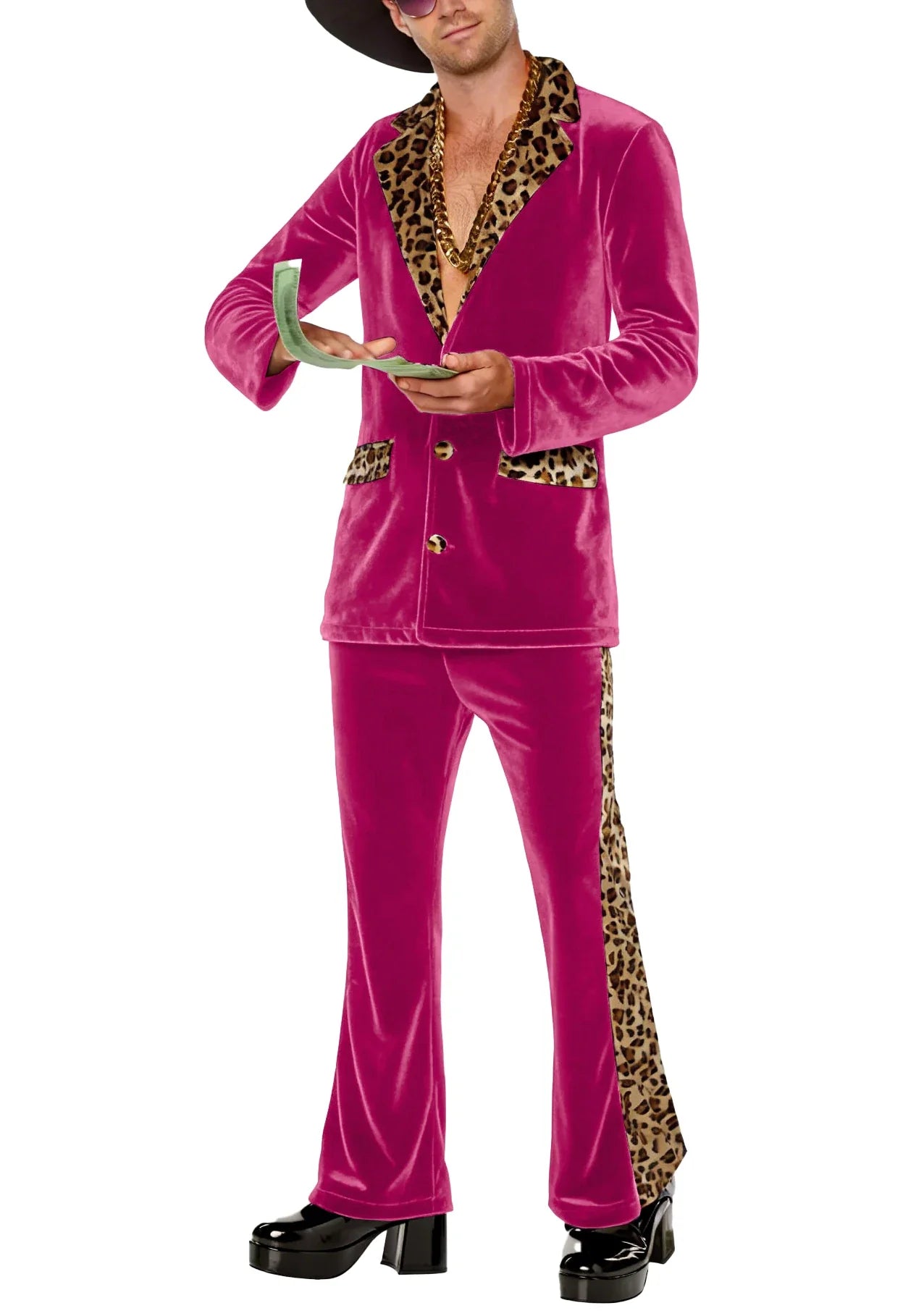 Luxury Men's Velvet Suit Notch Lapel Jacket Leopard Print Patchwork Trim Wide Leg Flare Trousers Tuxedo Cosplay Prom Event