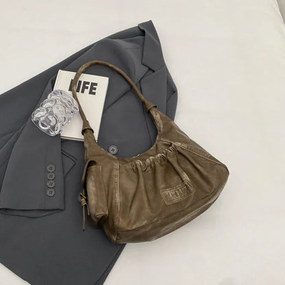 Retro Leather Shoulder Bags for Women 2025 Spring Vintage Underarm Bag Handbags and Purses Latest Fashion Hand Bag