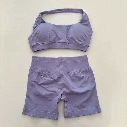 Yoga Shorts Set Seamless Yoga Set Workout Scrunch Shorts Sets Halter Sports Bra Scrunch Shorts Fitness Clothes Gym Suit