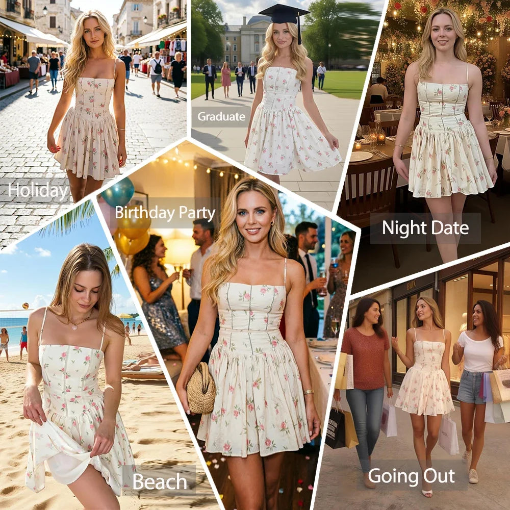 Summer Floral Print Mini Dress Spaghetti Strap Square Neck A-line Cute Dresses for Vacation Beach Party Women