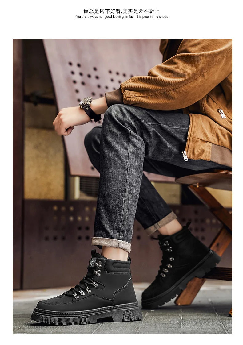 New Men's Leather Boots Brand Retro Comfortable Boots for Men 2026 Fashion High Top Non Slip Casual Shoes Business Work Shoes