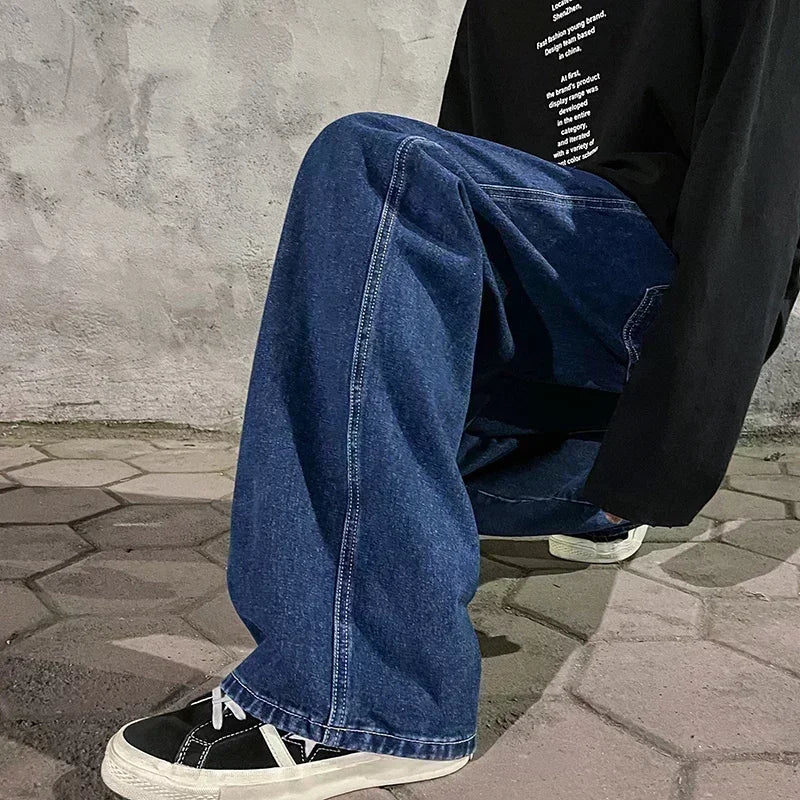 Spring and Autumn New American Drawstring Jeans for Men, Loose and Versatile Casual Pants, Trendy Washed Men's Pants