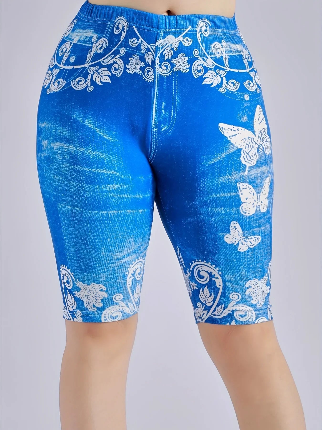 Lmitation Denim Leggings For Women Butterfly Waist Fruit Flower Elastic Shorts High Waist Casual