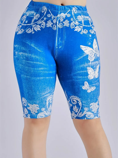 Lmitation Denim Leggings For Women Butterfly Waist Fruit Flower Elastic Shorts High Waist Casual