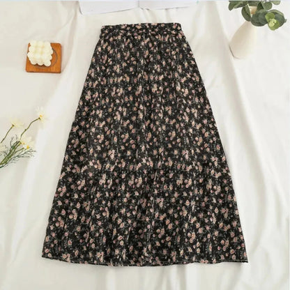 Women Chiffon Midi Skirt Korean Fashion Floral Loose Skirts High Waist Female Casual All Match A Line Skirts Summer New