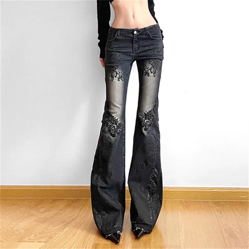 Women Gothic Y2k Flare Jeans Harajuku Baggy Denim Trousers 90s Aesthetic Low Waist Jean Pants Vintage 2000s Trashy Clothes 2024