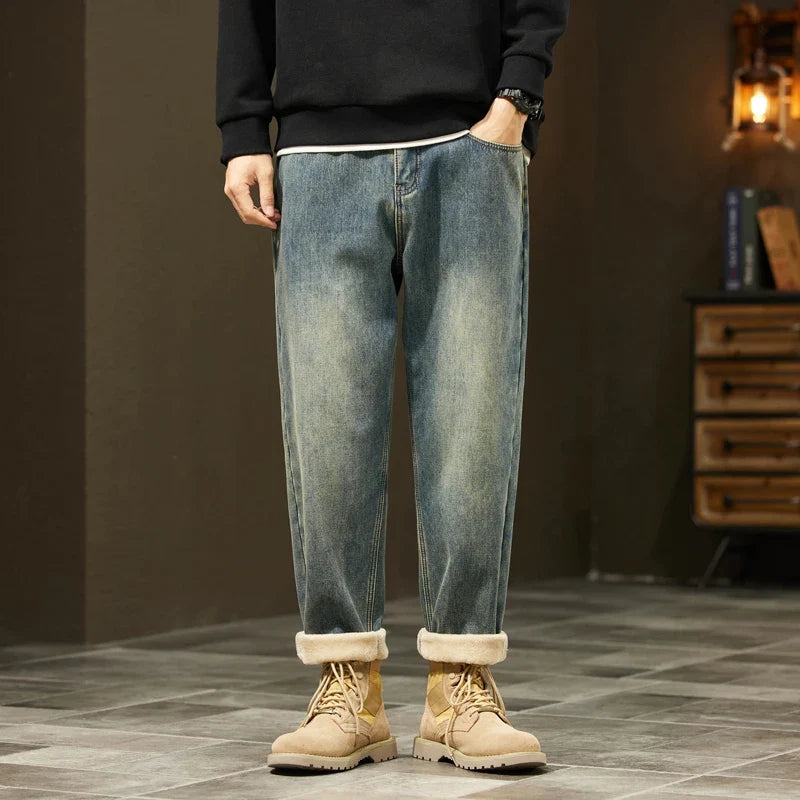 Retro Loose Winter Fleece Jeans Men's Warm Thicken Fashion Casual Denim Pants Comfortable Plush Velvet Thermal Male Trousers