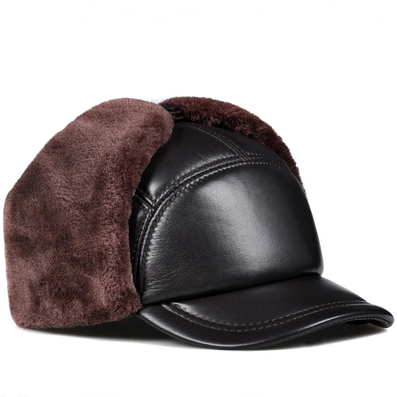 Winter Hat Men Genuine Leather Sheepskin Bomber Hat Earflap Black Warm Thick Ski Snow Windproof Male Russian Hat