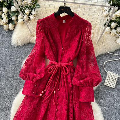 High-End Women's Dress Heavy Embroidery A-Line Long Skirt V-Neck Lantern Sleeve Single Button High Waist Korean Style Commute