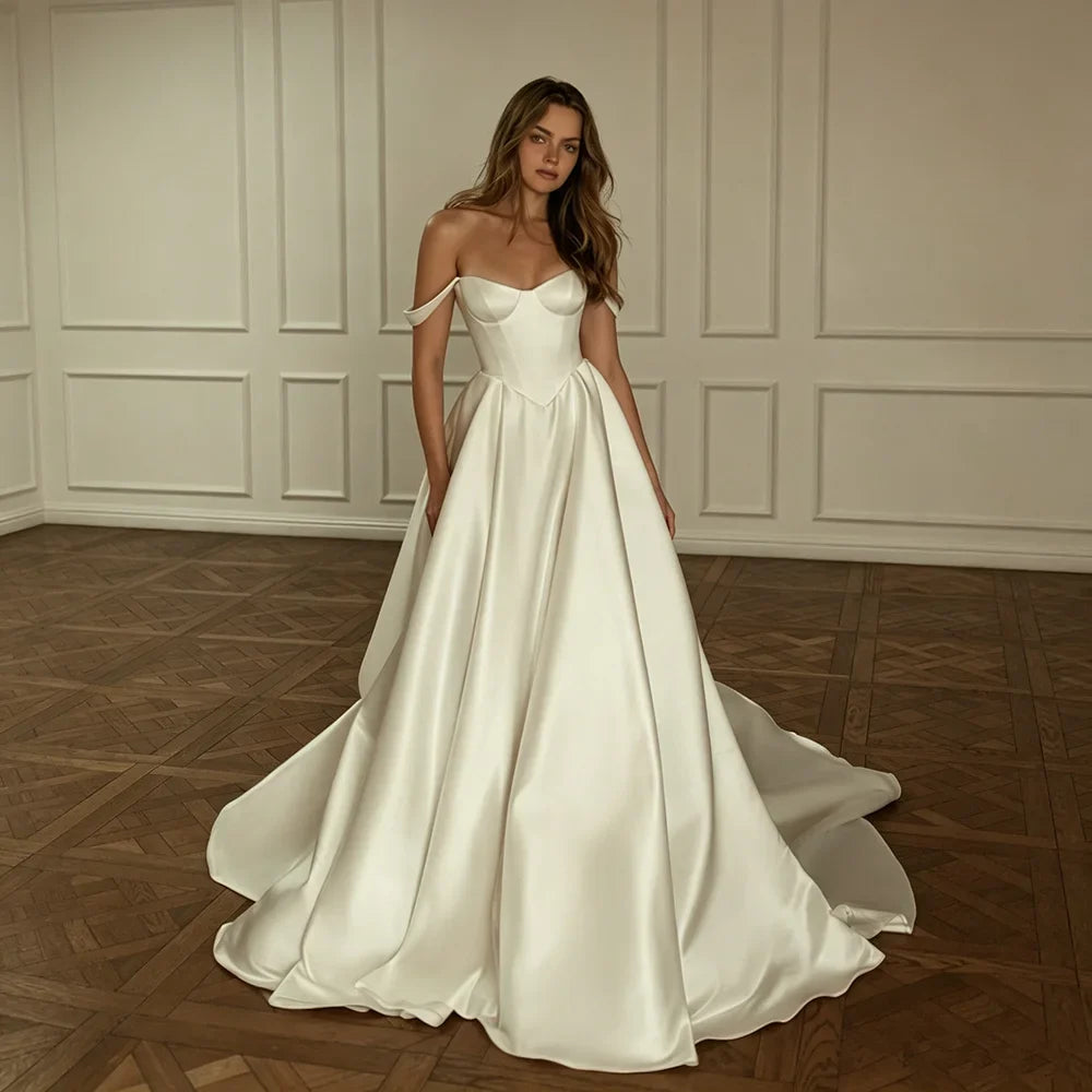 Off Shoulder Sweetheart Satin A-Line Wedding Dress Corset Bodice Chapel Train Elegant Simple Bridal Gown For Women Wedding Party