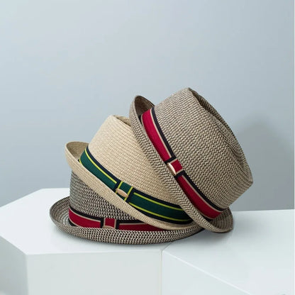 Fashion Vintage British Trilby Straw Hat Breathable Cuban Travel Cap Beach Sun Hat Handwoven Men's Summer Straw Fedora