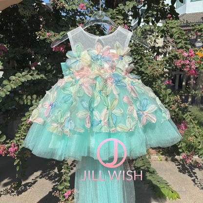 D113 Elegant Turquoise Flower Girl Dress Lace Knee Length Princess Children Wedding 1st Birthday Pageant Party Gown