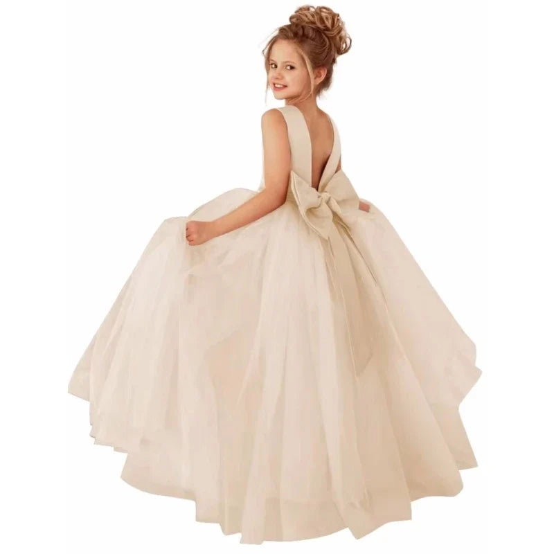 Customized Flower Girls Dress Dusty Pink Pearls Belt With Bow For Wedding Birthday Banquet Prom Ball Holy Communion Gowns