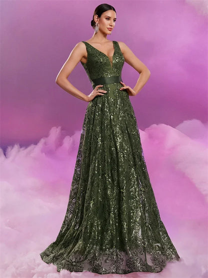 Luxury Sexy V-Neck Sequins Formal Evening Dress Long 2025 Women Elegant V-back Wedding Party Long Prom Cocktail Graduation Gown