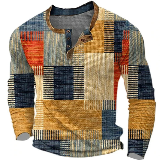 New Color Block Patchwork 3D Printed Henley Shirts Men's Fashion Vintage Button-Down Long Sleeve T Shirt Man Tees Tops Clothing