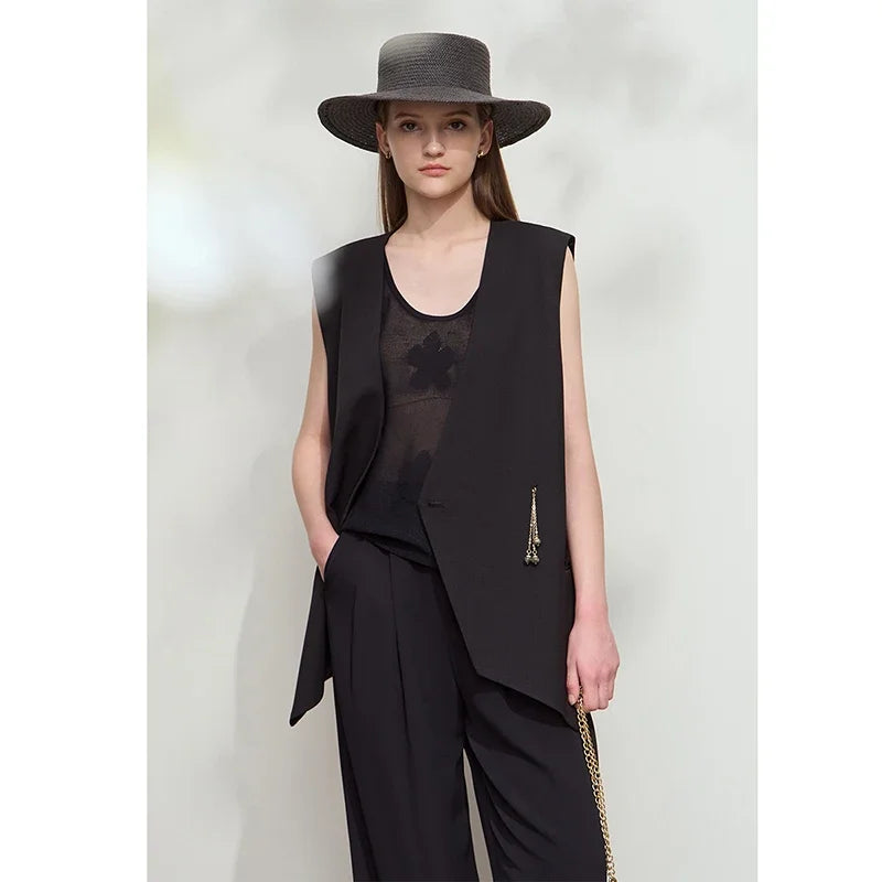 Minimalism England Style Vest Women 2025 Autumn New Gentle Commuter Versatile Sleeveless Loose Mid-Length Vest 12521012