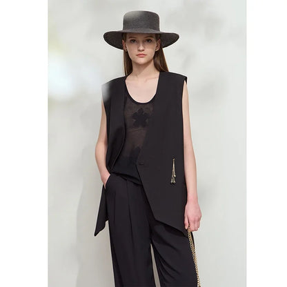 Minimalism England Style Vest Women 2025 Autumn New Gentle Commuter Versatile Sleeveless Loose Mid-Length Vest 12521012