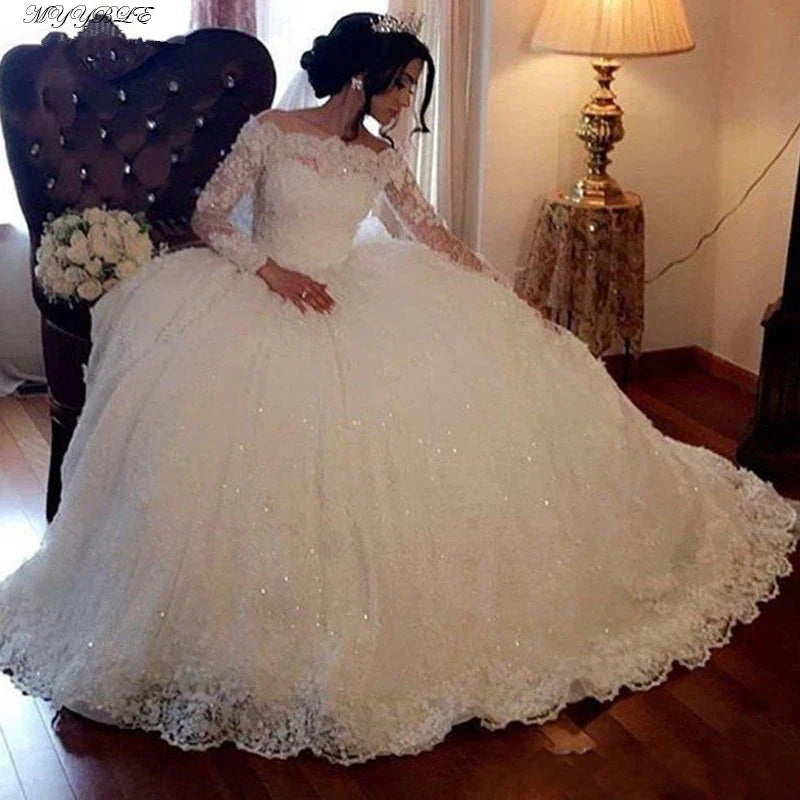 Customizead Ball Gown Wedding Dress Long Sleeves Lace Sequin Appliques Plus Size  Formal Bridal Dresses Princess Wedding Gowns
