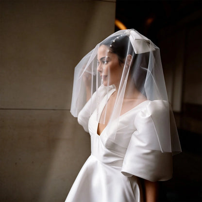 Puff Sleeve Deep V Satin Mini Wedding Dress A Line Bridal Gown Bow Veil Civil Elopement Bride Reception Custom Fit Ceremony Wear