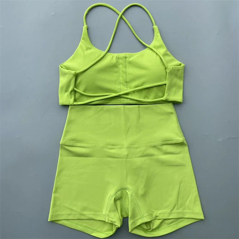 Yoga Shorts Set Gym Two Piece Sports Set Women Workout Outfit Fitness Suit Cross Straps Bra High Waist Shorts Running Tracksuit