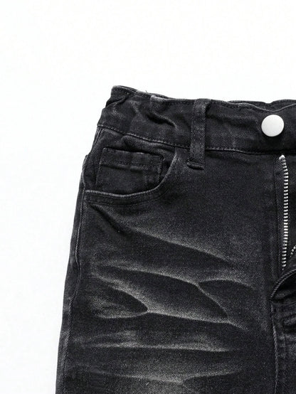 1-Piece Men's All-Season Snowflake Washed Fashion Jeans, Stretchy Slim-Fit Light Gray and Dark Black Casual Denim Pants, Minimalist Fashion, Suitable for Everyday Wear