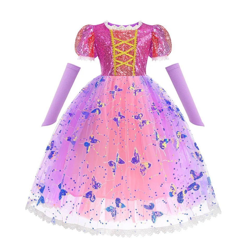 Rapunzel Short Sleeve Purple Puffy Dress + Accessories Girls Cosplay Rapunzel Summer Casual Dress Birthday Party Gift
