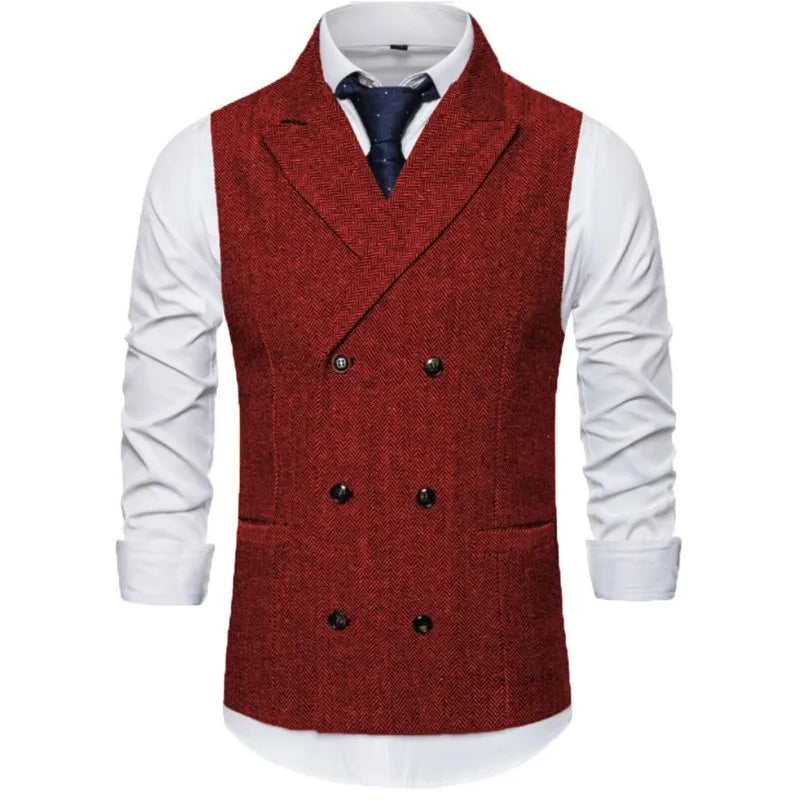 Men Vest Brown Herringbone Double Breasted Buckle Solid Business Casual Waistcoat Regular Slim Banquet Men Suit Vest