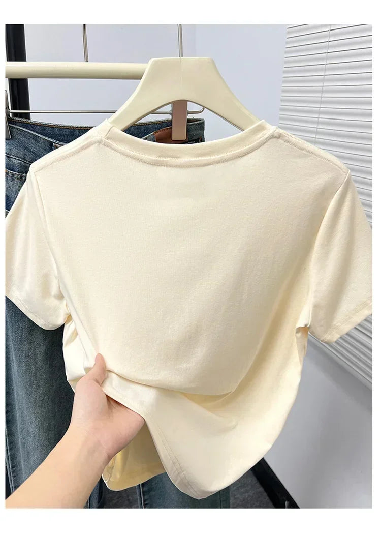 2026 Summer New High Quality Casual Plus Size T Shirt Sexy Short Sleeved Sleeves Fashion Trend Solid Women Clothing Y2k Tops