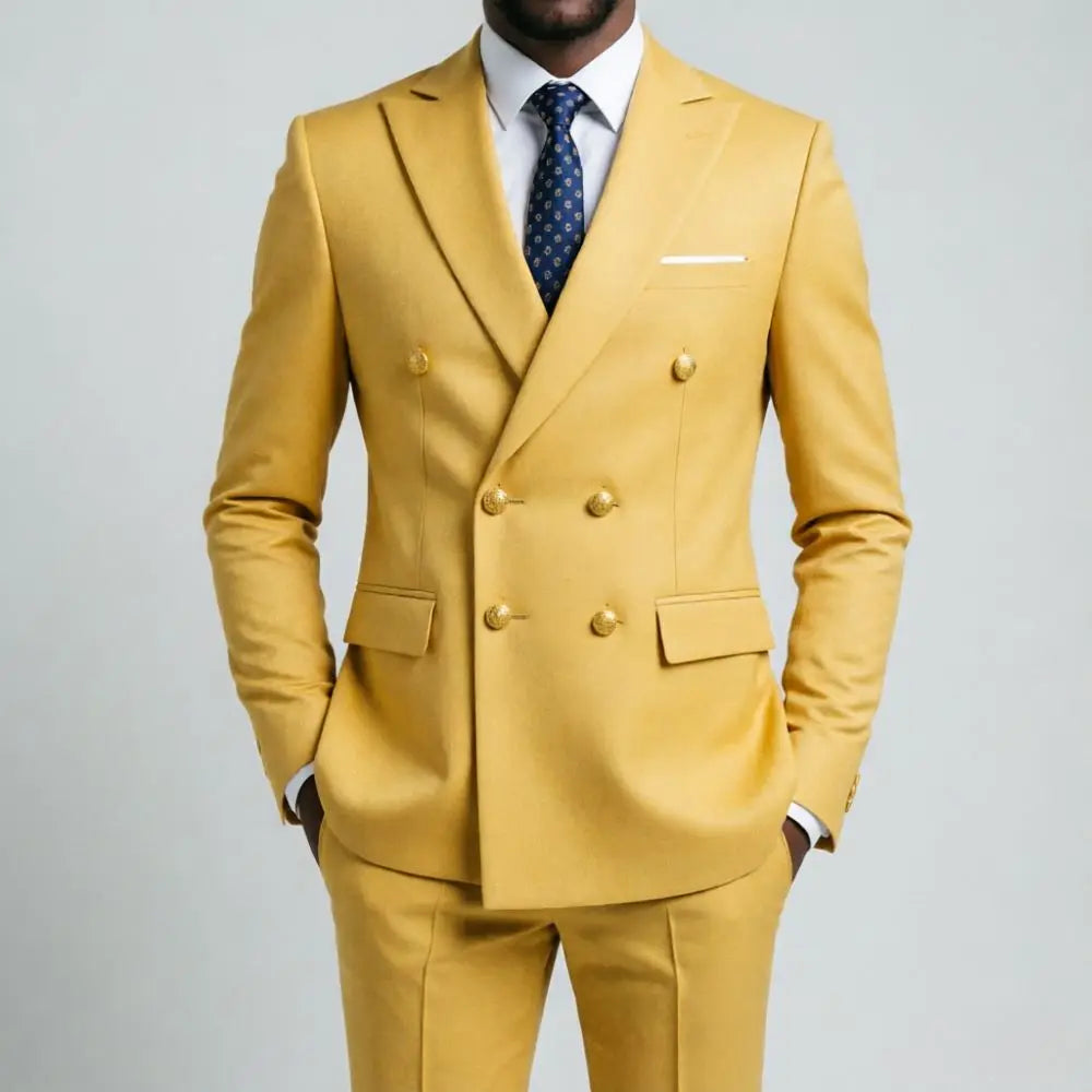 Mens Beige Slim Fit Double Breasted 2 Piece Formal Wedding Tuxedo Gold Buttons Flap Pockets Decorative Cuff Buttons Groom Prom