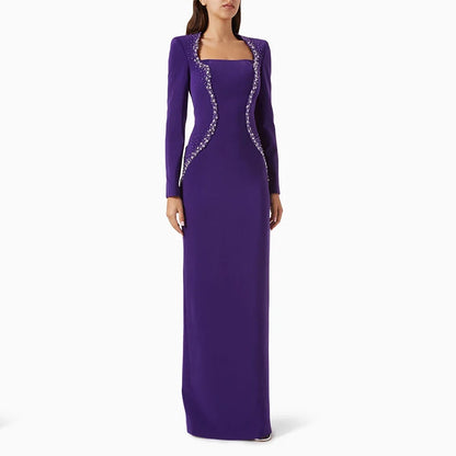Luxury Purple Evening Dress For Wedding Floor Length Prom Dress Sheath Formal Party Gown Long Sleeves Beaidng Saudi Arabia Dress