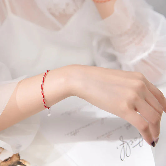Bracelet Perles Cordon Rouge pour Femmes Mode Pur Argent Sterling 925 Réglable Chaîne Maillons Géométriques Bracelet Bijoux Fins
