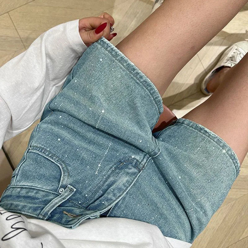 Fashion Rhinestone Denim Shorts for Women Light Blue Summer New Loose Wide Leg Short Pants Korean High Waist Washed Jeans Shorts