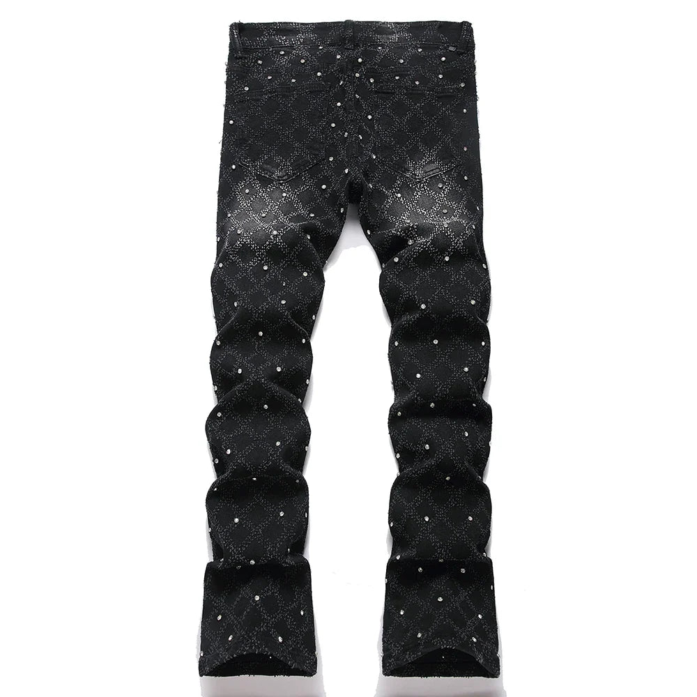 Men's Crystal Boot Cut Jeans Punk Black Stretch Denim Pants Rivet Slim Flared Trousers Fashionable Bootcut Trousers