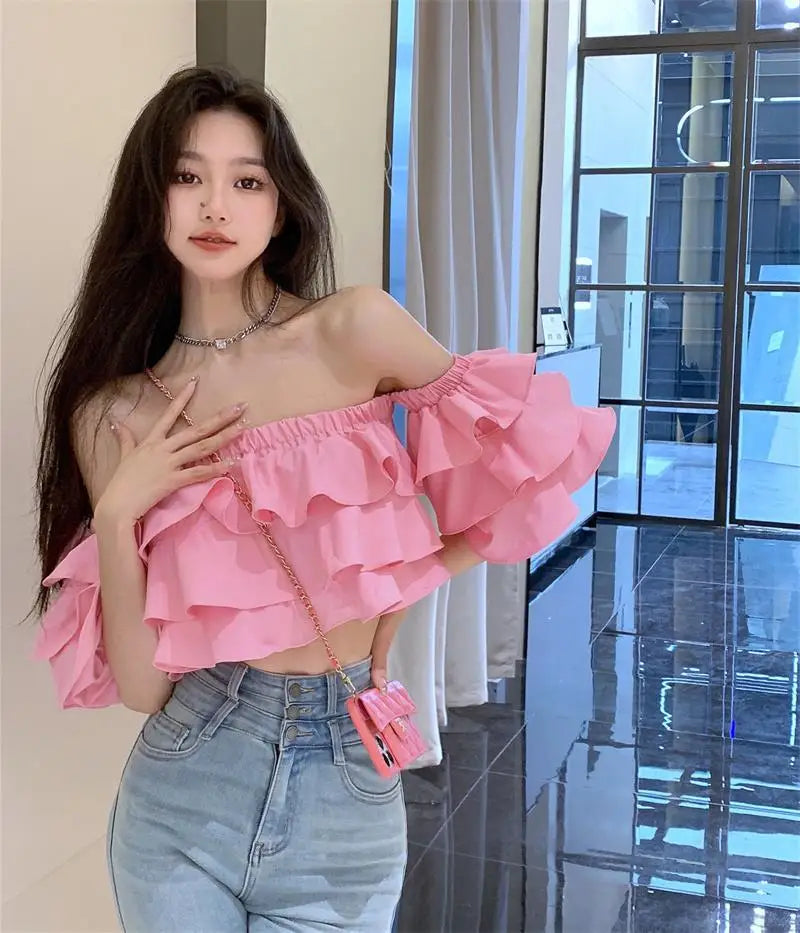 Off Shoulder Fashion Woman Blouse Stacked Ruffles Crop Top Shirt Summer Designer Short Sleeve Chiffon Sexy 2023 New
