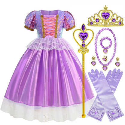 Rapunzel Short Sleeve Purple Puffy Dress + Accessories Girls Cosplay Rapunzel Summer Casual Dress Birthday Party Gift