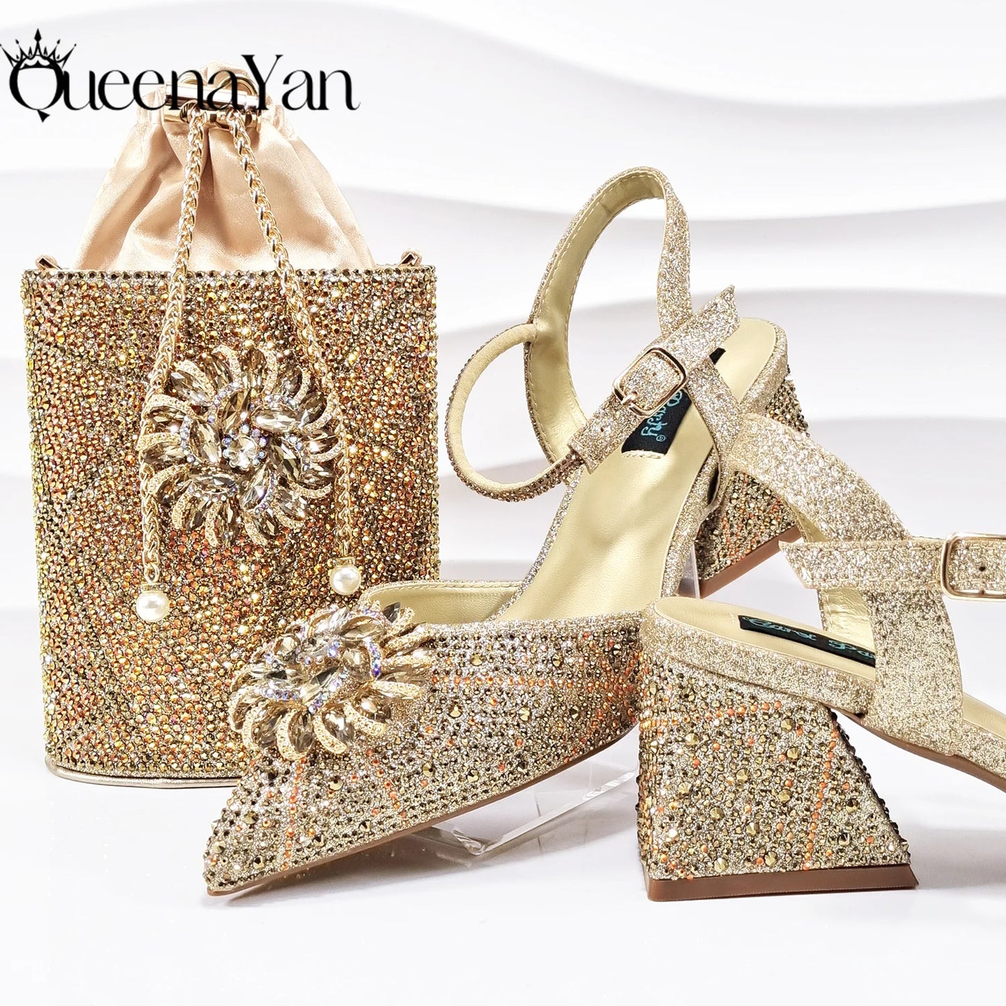 Fashion Design High-end Women's Shoes with Diamond Oval Stand Bag Women's High Heels for Special Day or Work