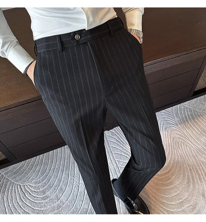 High Quality Striped Suit Pants 2025 Autumn New Fashion Slim Fit Business Elastic waisted Pants Male Wedding Party Trousers
