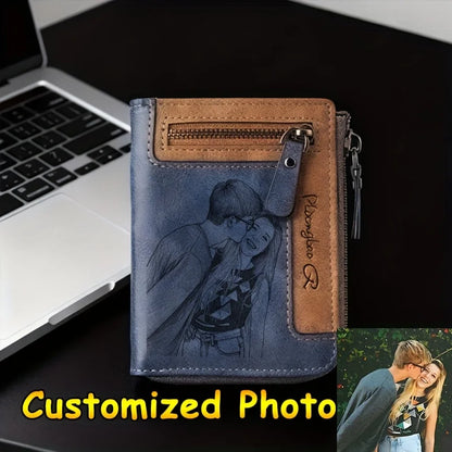 Customized Photo Men Retro Short Wallet Engraved Picture Zipper PU Leather Coin Purse High Quality Credit Card Holder Ideal Gift