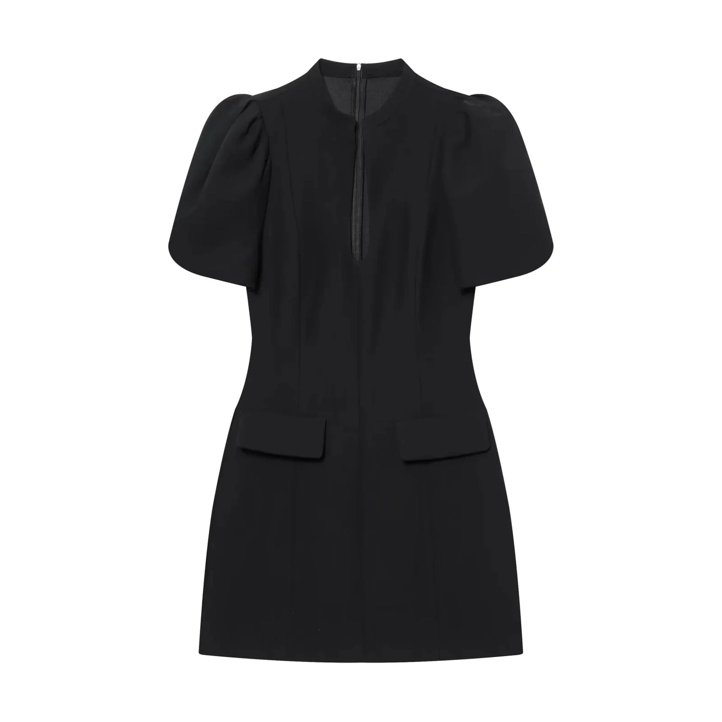 Elegant Holiday Chic Women Mini Dress Black O-Neck Zipper Short Puff Sleeve Dress Fashion 2026 Spring Summer Party Dress