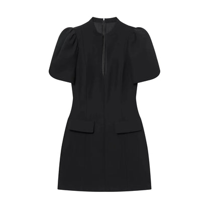 Elegant Holiday Chic Women Mini Dress Black O-Neck Zipper Short Puff Sleeve Dress Fashion 2026 Spring Summer Party Dress