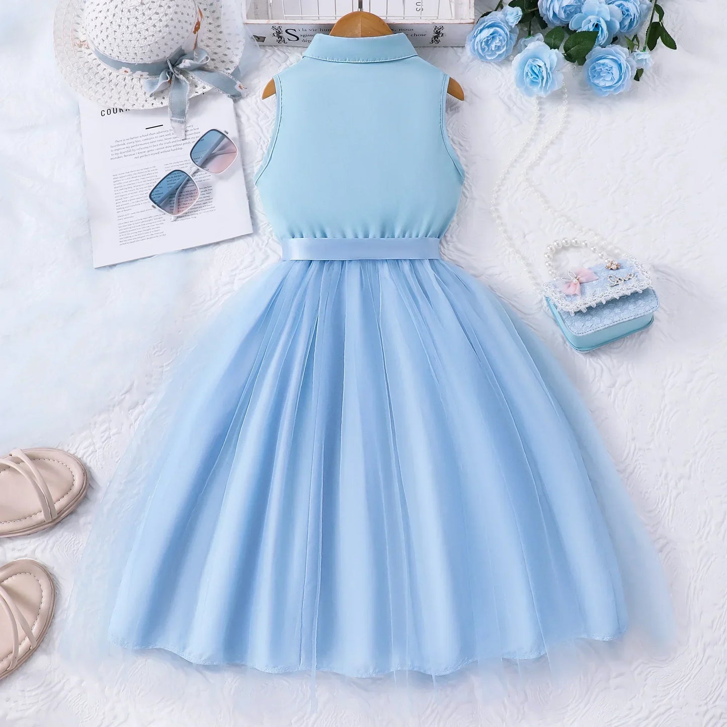 2025 Teen Girl Dress Summer Blue KIds Dresses Sleeveless Casual Vacation Elegant Mesh Children Princess Dress 7 8 9 10 11 12 Yrs