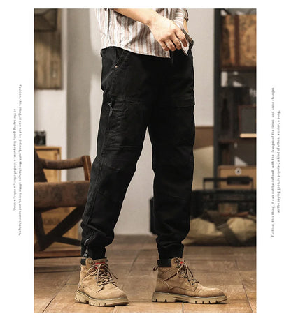 Cotton Men's Cargo Pants Elastic Waist Stretch Trouser Male Multi Pocket Casual Jogger Fit Ankle Length Zipper Purple Drawstring