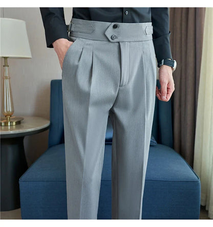 British Style Autumn New High Waist Trousers Men Belt Design Slim Fit Suit Pants Office Social Wedding Party Formal Pants Hommes