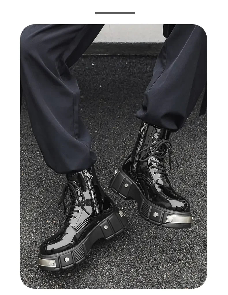 New Men Goth Platform Boots Fashion Rivet Lace Up Punk Wedges Chunky Heels Men Boots Party Street Patent Leather Men Shoes